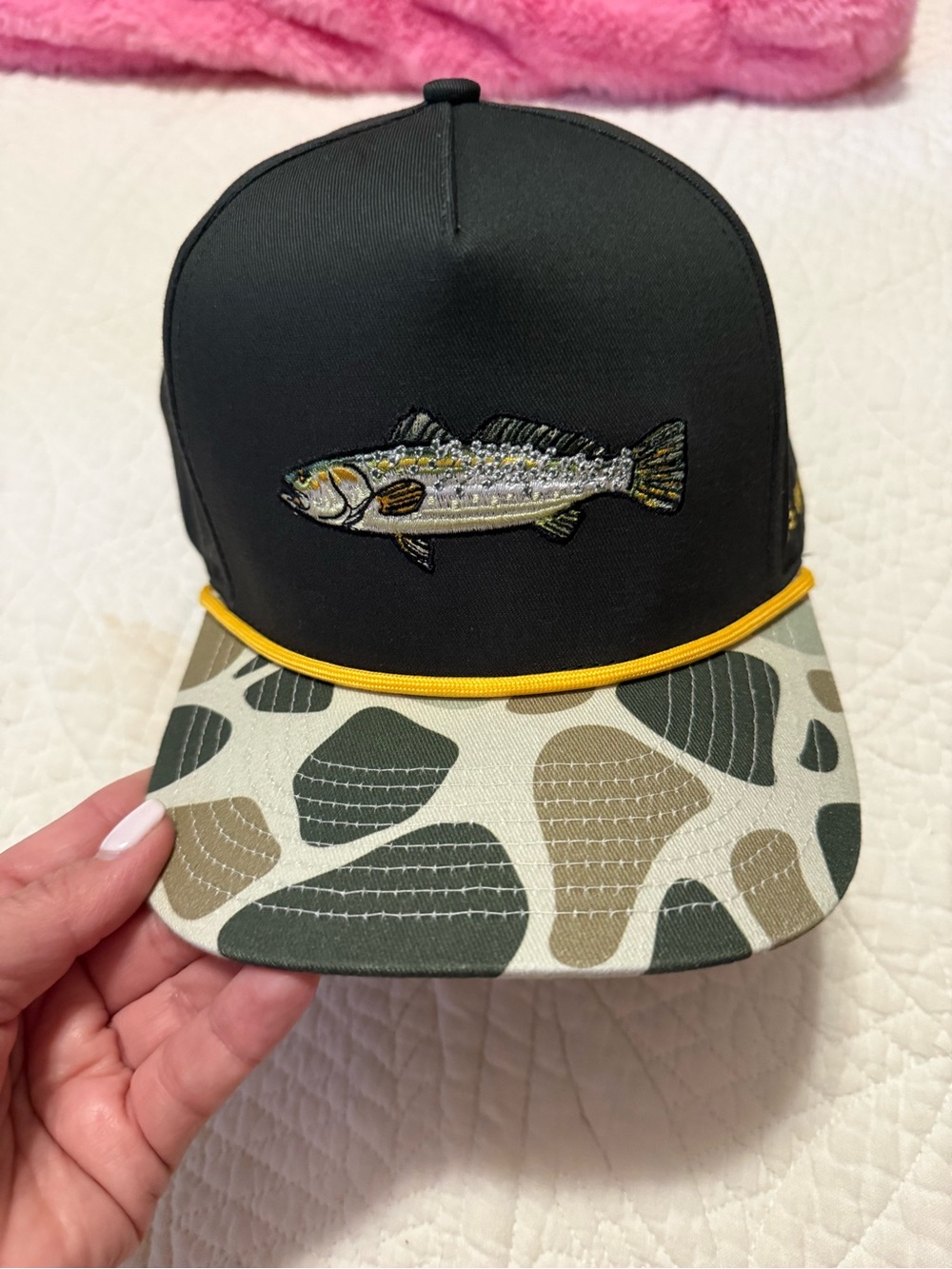 Southern String Hat Co.  Fish Cap with Camouflage Brim and yellow trim